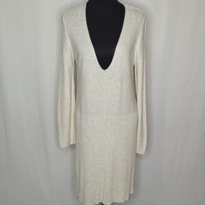 Zara Knit Long Sleeve Plunging V-neck Side Slit Sweater Dress in Oatmeal - Sz M